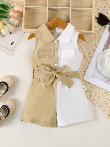 100% Cotton Color Block Khaki & White Casual Basic Sleeveless Jumpsuit With Lapel Collar, Cinched Waist & Waist Belt, Ideal For Camping And Outdoor Activities