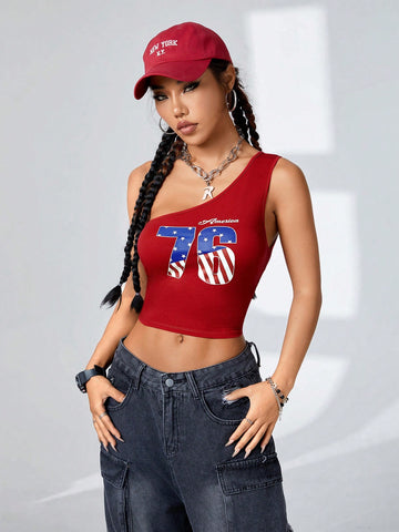 Women's Casual Streetwear Usa Graphics Red Bodysuit One Shoulder Tops For 4th Of July