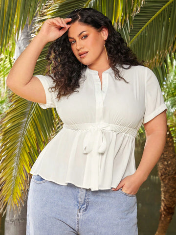 Plus Size Summer Casual Solid Color Short Sleeve Open-Front Shirt With Elastic Waist And Bow Tie Design,Suitable For Summer, Date Night,Birthday,Bachelorette Party Outfit ,Casul,Shopping, Streetwear,Going Out,Vacation,Beach,Coquette,Easy To Match&Looks Sl