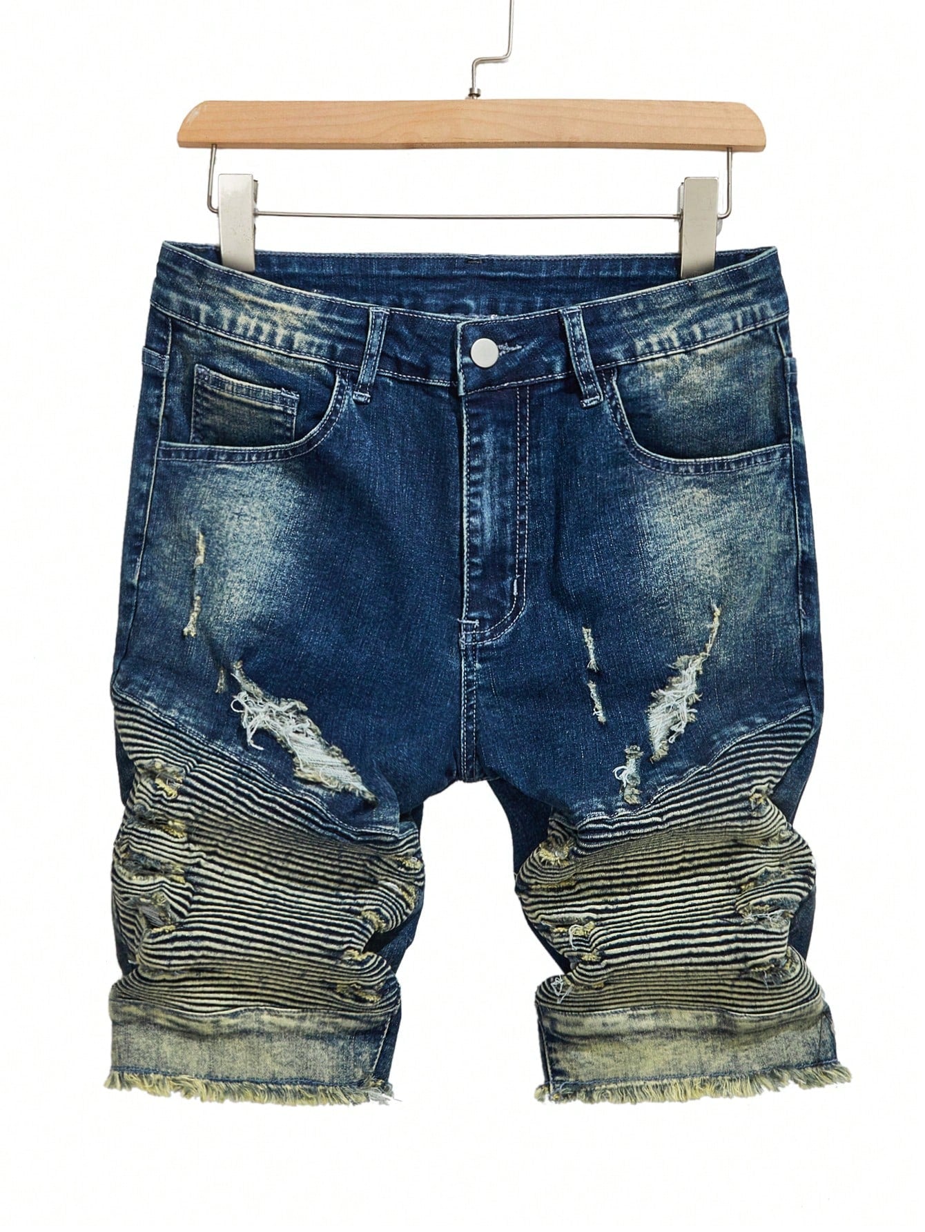 Men's Casual Denim Shorts With Distressed Pockets, Frayed Hem, And Raw Edge, Bottom Uncut