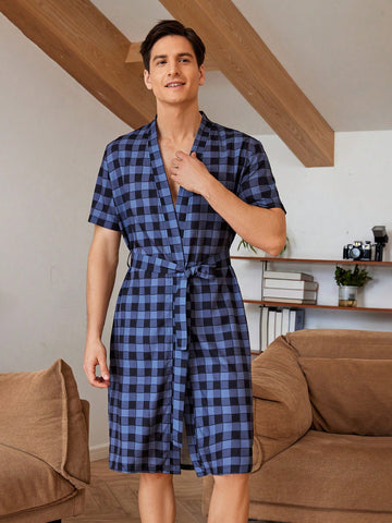 Men's Summer Plaid Short Sleeve Casual Casual Home Sleepwear Robe