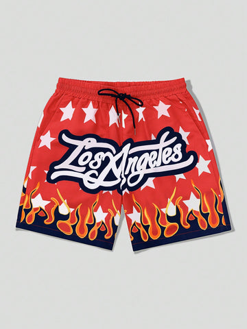 Men's Star & Slogan Printed Woven Shorts, Suitable For Daily Wear In Spring And Summer