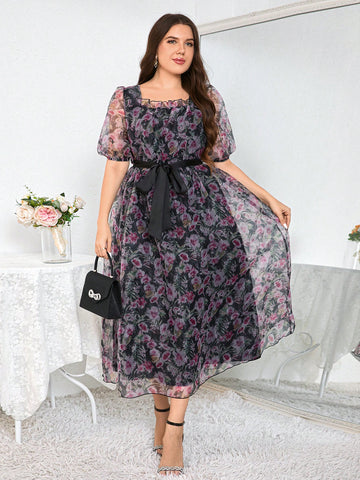 Plus Size Women's Elegant Floral Mesh Dress With Square Neckline And Short Puff Sleeves For Summer