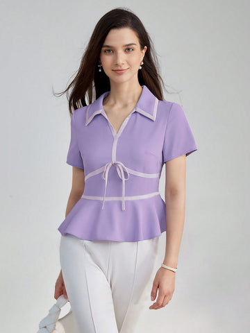 CONTRAST PIPING V-COLLAR KNOT FRONT BLOUSE