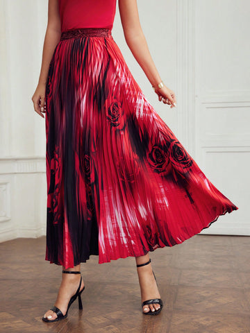 FLORAL AND OMBRE PRINT PLEATED MAXI SKIRT