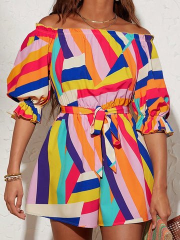 Vacation Printed Romper With One-Shoulder Design For Women, Colorful Striped Jumpsuit