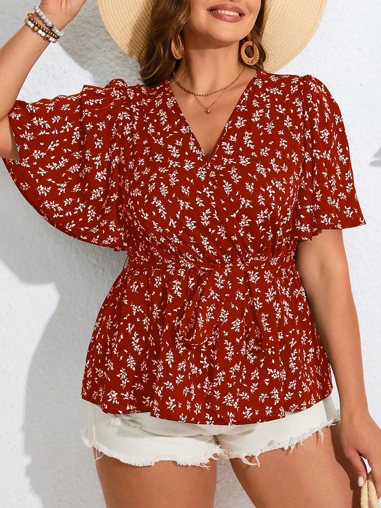 Women'S Plus Size Vacation Printed Belted Shirt With Floral Pattern