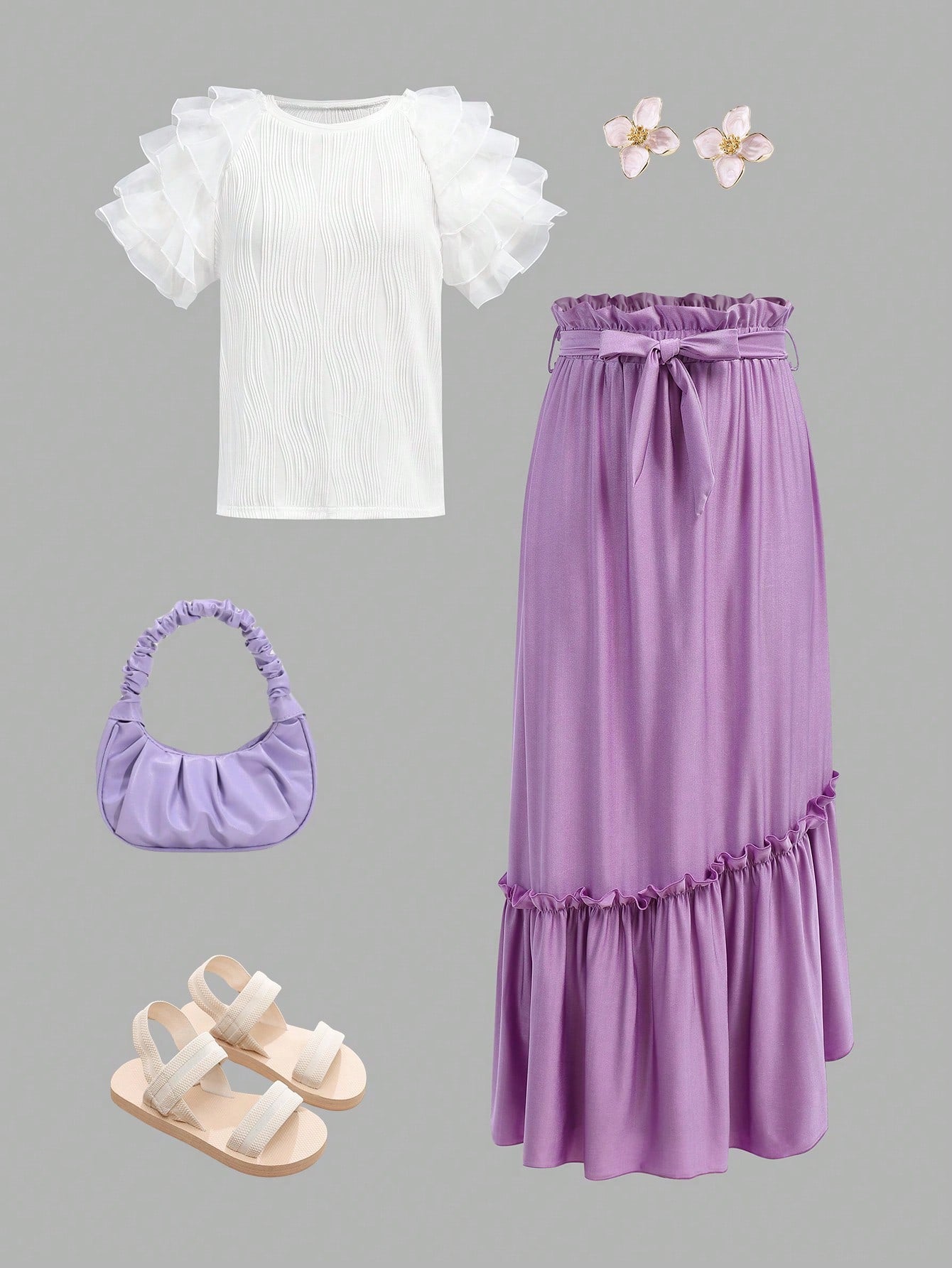 Teen Girl White Jacquard Mesh Ruffle Sleeve Blouse & Purple Color Ruffle Hem A-Line Skirt With Belt