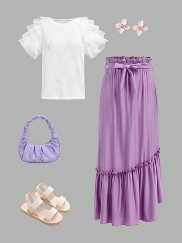 Teen Girl White Jacquard Mesh Ruffle Sleeve Blouse & Purple Color Ruffle Hem A-Line Skirt With Belt