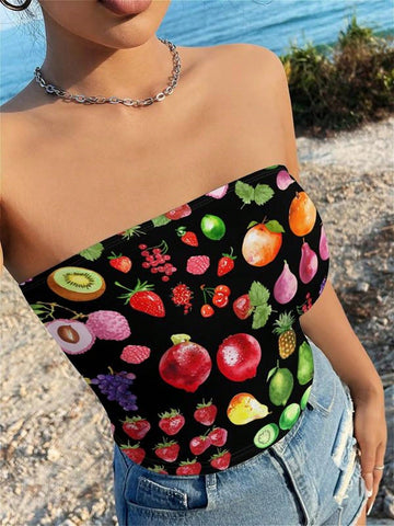 Women Casual Fruit Printed Black Tube Top For Summer
