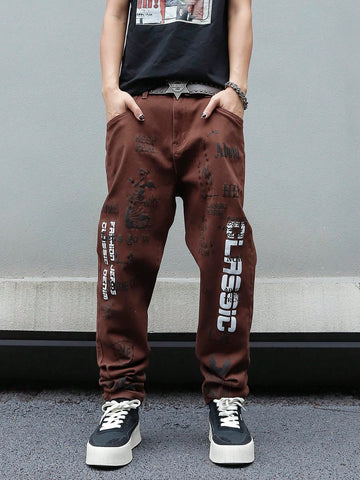 Men's Straight-Leg Letter Printed Casual Jeans With Pockets