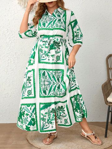 Plus Size Shirt Collar Printed Belted Midi Dress For Vacation, Half Sleeve