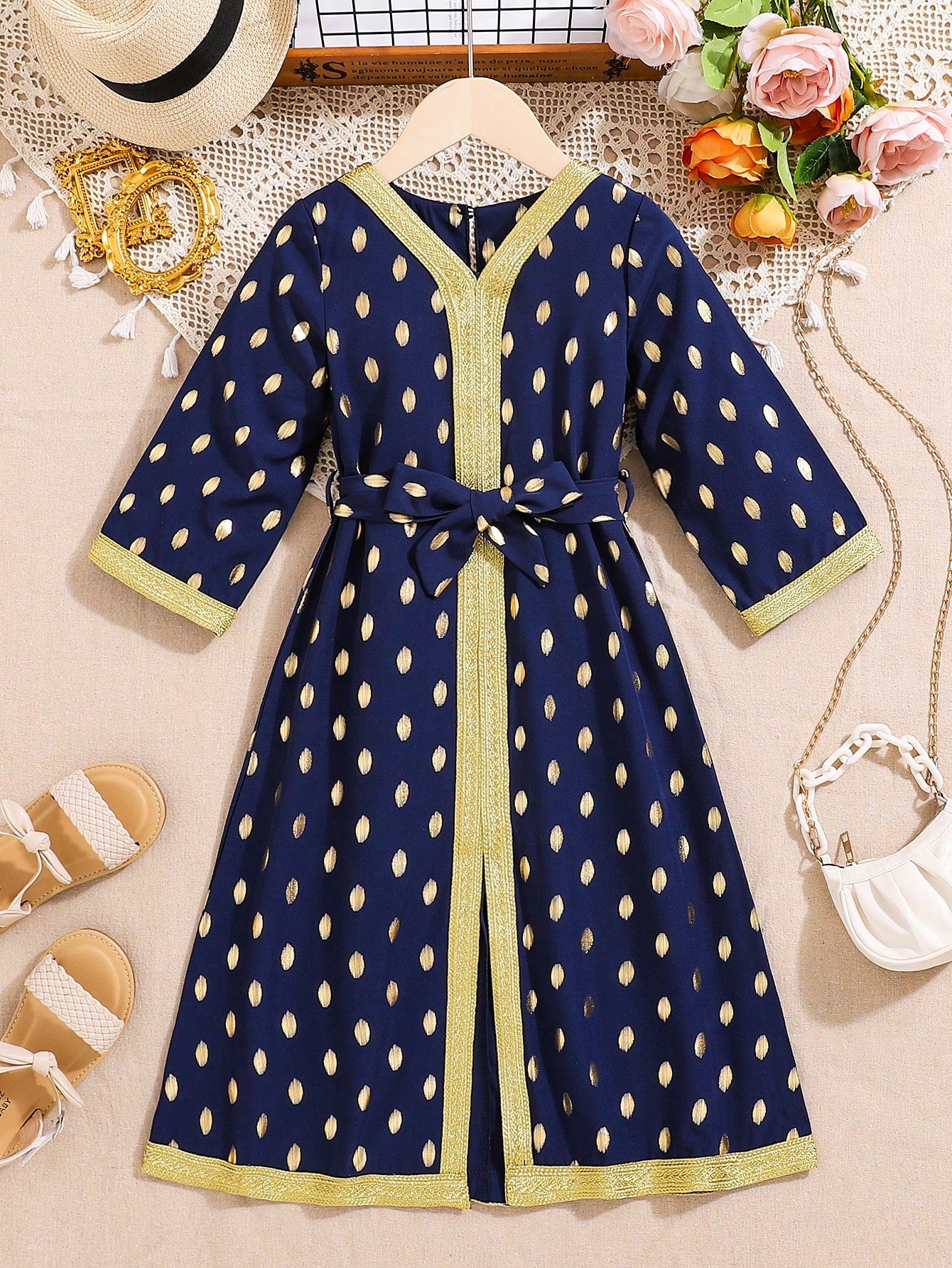 Young Girl Fashionable Polka Dot Printed Long Sleeve Dress With Gold Foil Print