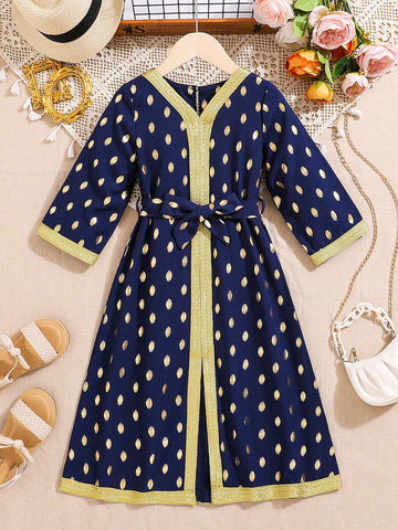 Young Girl Fashionable Polka Dot Printed Long Sleeve Dress With Gold Foil Print