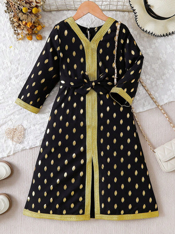 Young Girl Allover Gold Dot Print Contrast Tape Belted Dress