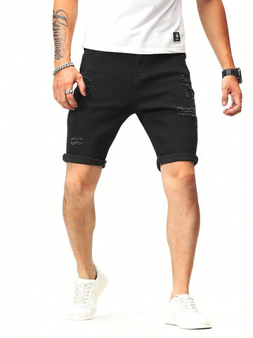 Men's Casual Ripped Denim Shorts With Rolled Hem And Pockets