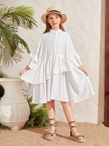 Tween Girl Super Loose Irregular Dramatic Ruffle Trim 3/4 Sleeve Pullover Shirt