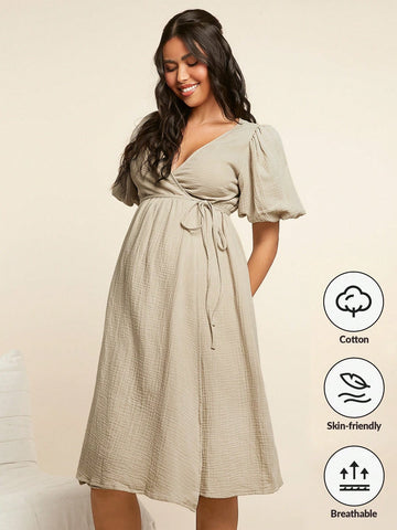 Maternity Cotton Linen Deep V-Neck Short Sleeve Woven Jumpsuit Dress, Casual & Elegant For Young Mothers