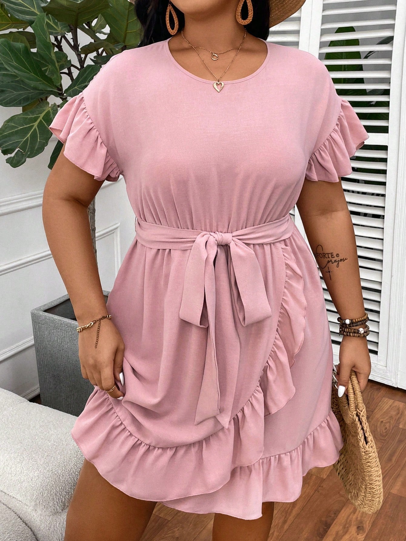 Plus Size Vacation Casual Short Sleeve Asymmetrical Dress With Ruffle Trim