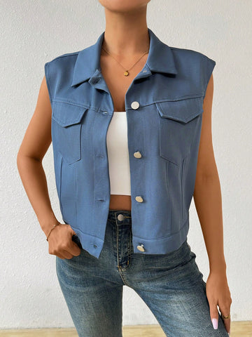 Women's Summer Solid Color Workwear Vest Jacket With Pockets