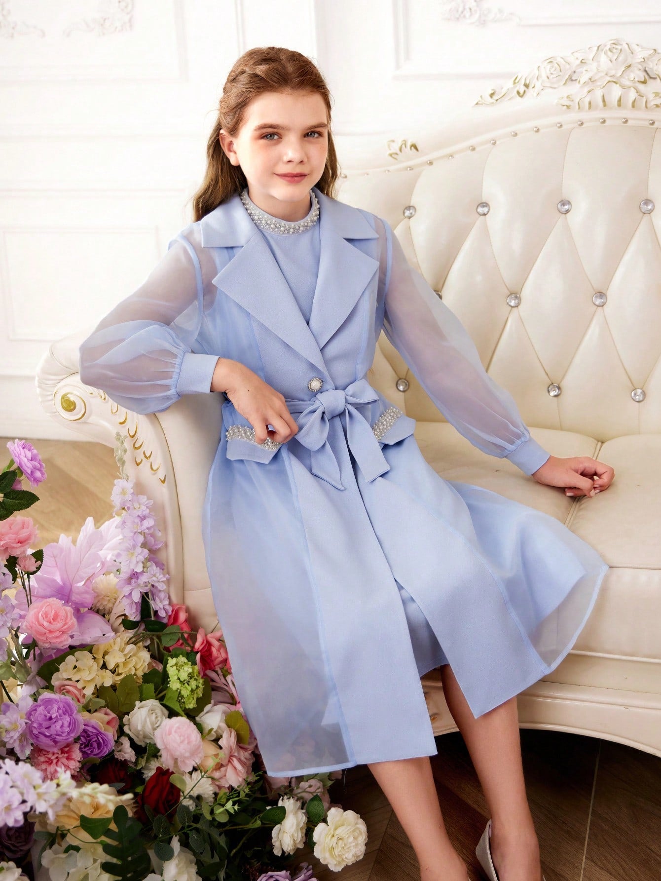 Tween Girl Loose Cute Peter Pan Collar Sleeveless Dress And Lapel Coat Set