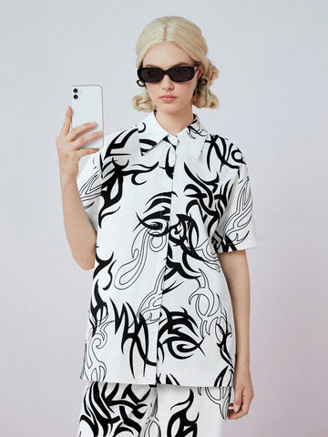 Women's Fashion Black And White Printed Short Sleeve Shirt