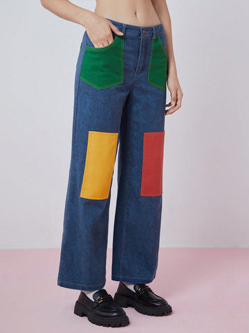 Women's Fashionable Color Block Straight Leg Long Pants