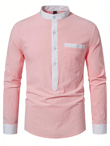 Men's Spring/Summer Color Block Stand Collar Long Sleeve Button Front Casual Shirt , Cotton Shirt