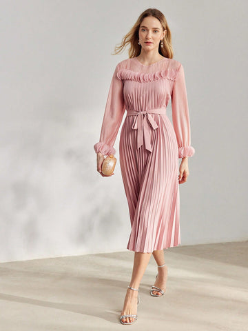 SOLID PLEATED DRESS WITH BELT