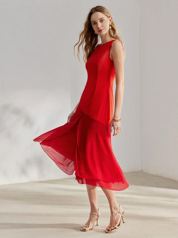 SOLID SPLIT RUFFLE HEM DRESS