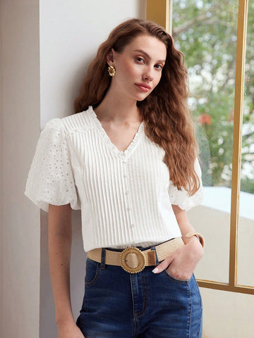 V-NECK FRILL TRIM SCHIFFY PUFF SLEEVE PLEATED BLOUSE