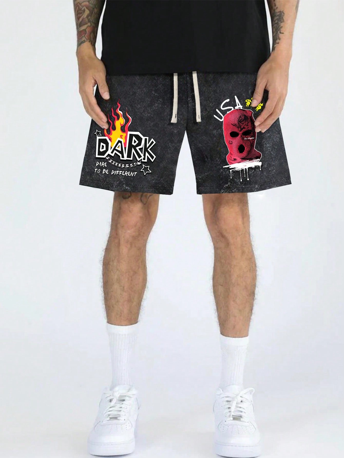 Men Summer Casual Headset Letter Printed Drawstring Waist Shorts