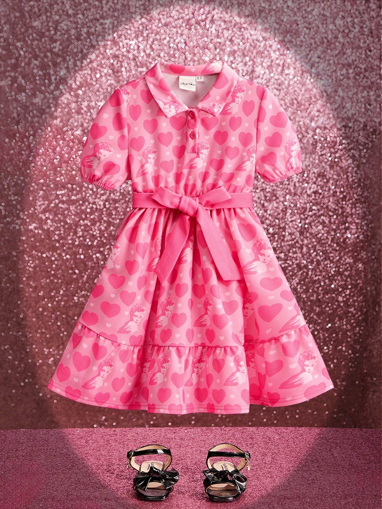 Young Girl Heart Print Puff Sleeve Belted Dress