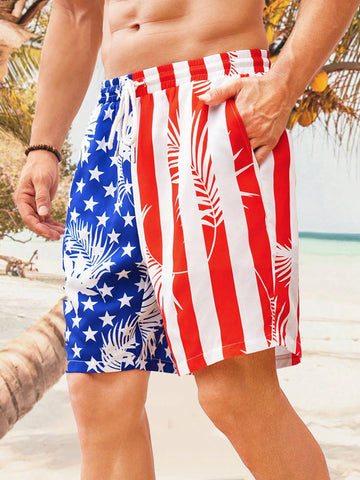 Men's Summer Beach Outfits Light Breathable Surfing Shorts And Woven Casual Striped Color Block Plants & Flowers Pattern USA Shorts For Independence Day 4th Of July Festival