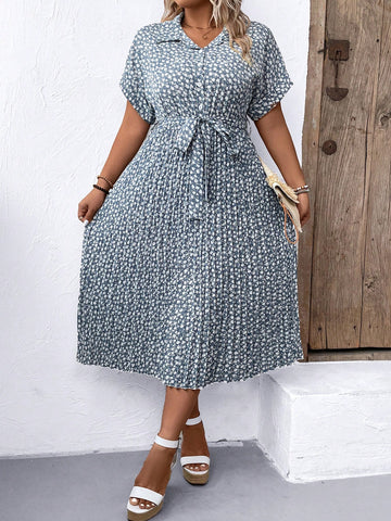 Plus Size Belted Floral Printed Pleated Short Sleeve Dress For Summer