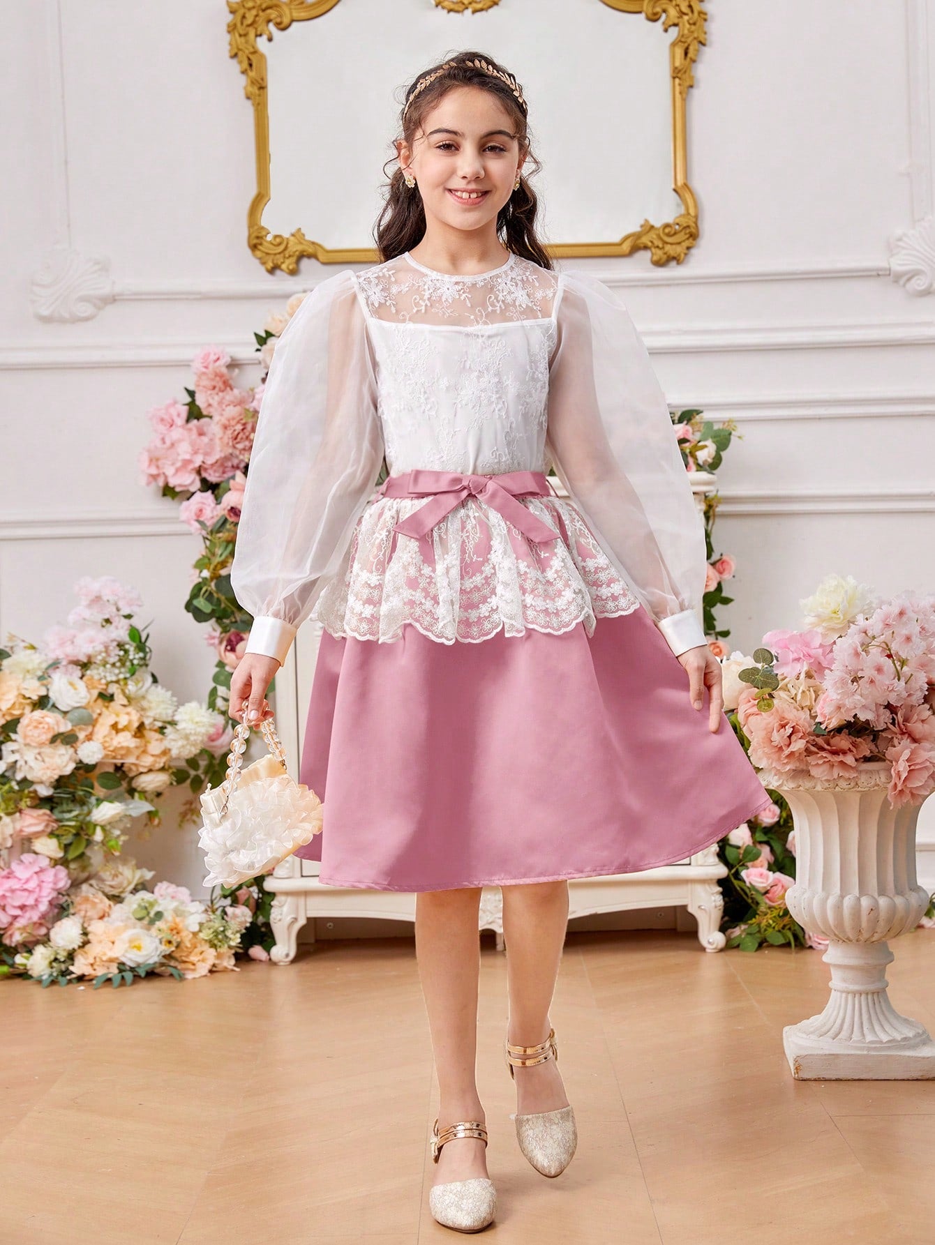 Tween Girl Round-Neck Lantern Sleeve Mesh Embroidery Shirt With Detachable Waist Belt & Skirt Suit Set