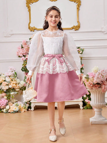 Tween Girl Round-Neck Lantern Sleeve Mesh Embroidery Shirt With Detachable Waist Belt & Skirt Suit Set