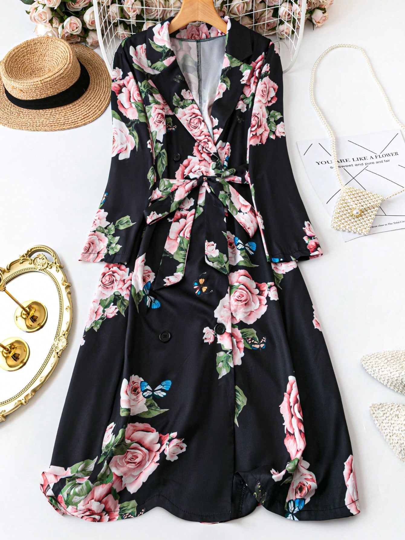 Plus Size Elegant Floral Printed Turn-Down Collar Double Breasted Vacation Dress