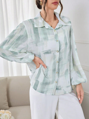 Women's Random Print Buttoned Lapel Collar Long Sleeve Simple Daily Shirt