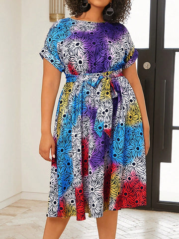 Plus Size 1pc Allover Print Ombre Batwing Sleeve Belted Dress For Summer