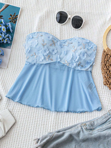 WYWH Women's Blue Embroidered 3D Flower Strapless Top For Vacation, Knitted Tube Top, 3D Floral Blouse, Perfect For Summer Outfits And Romantic Wedding Season