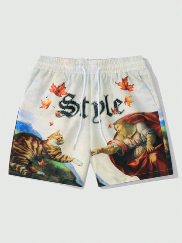 Men's Vintage Oil Painting Print Woven Shorts, Suitable For Daily Wear In Spring And Summer