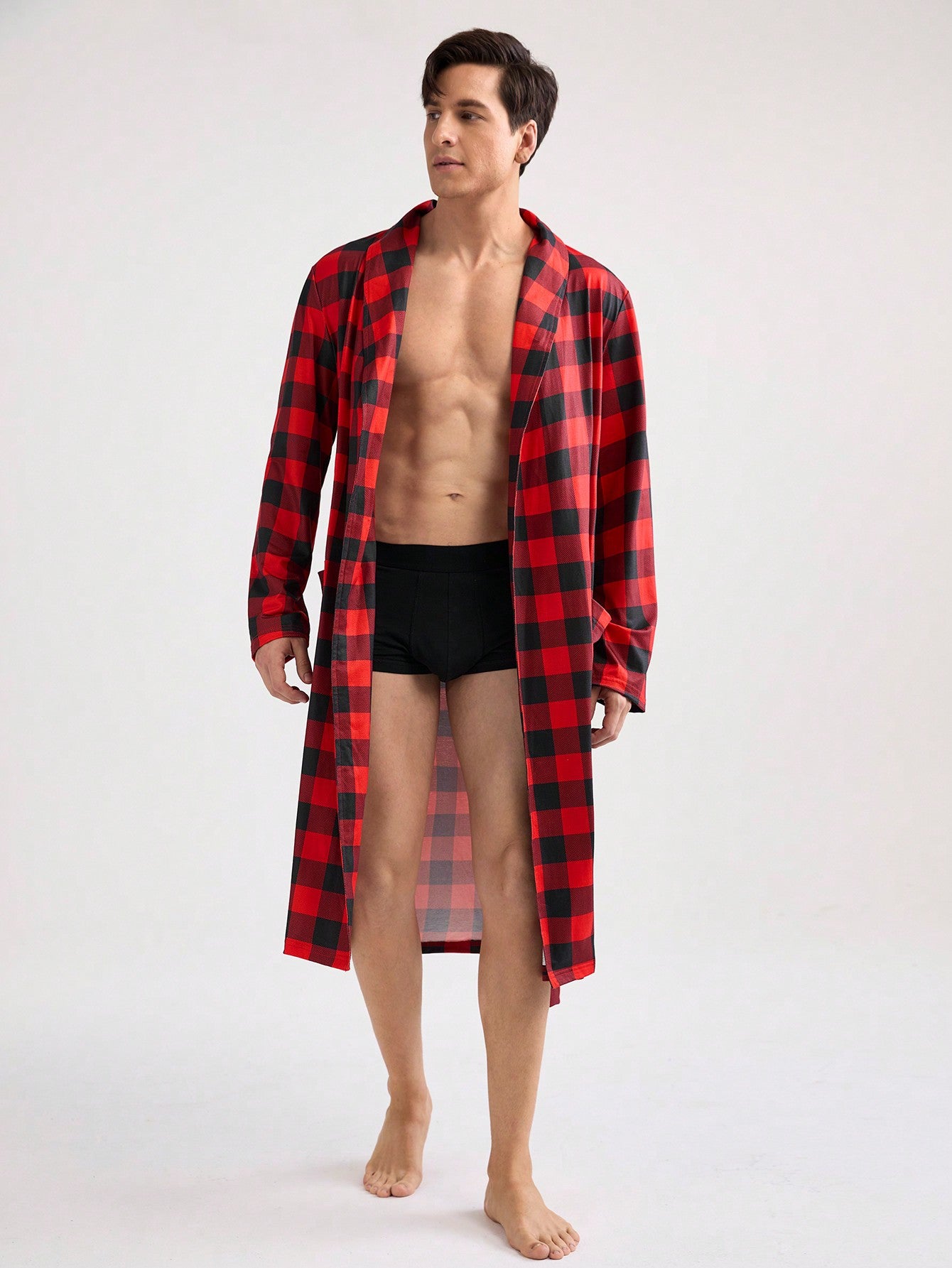 Men's Plaid Long Sleeve Mid-Length Homewear Robe