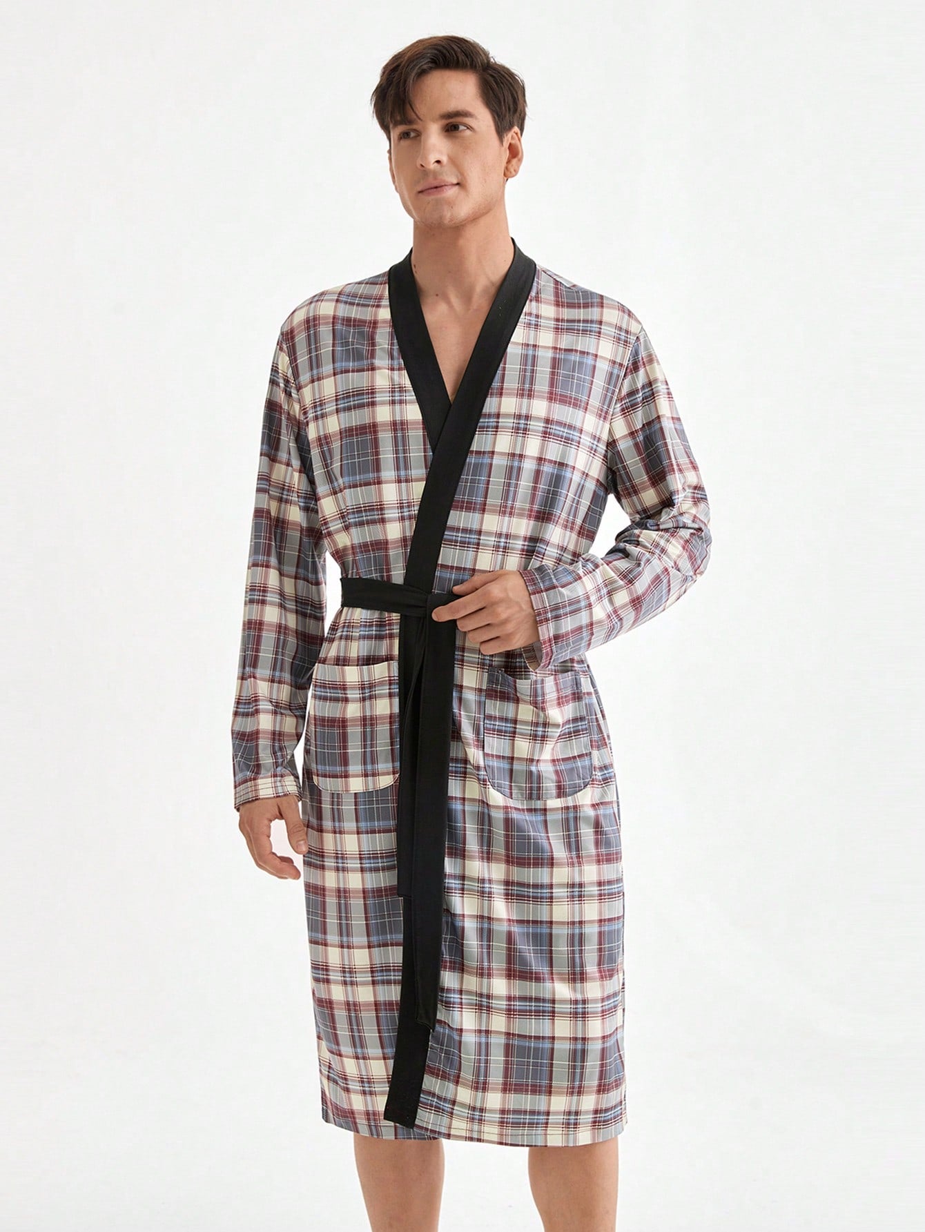 Men's Plaid Long Sleeve Double Pocket Sleepwear Robe