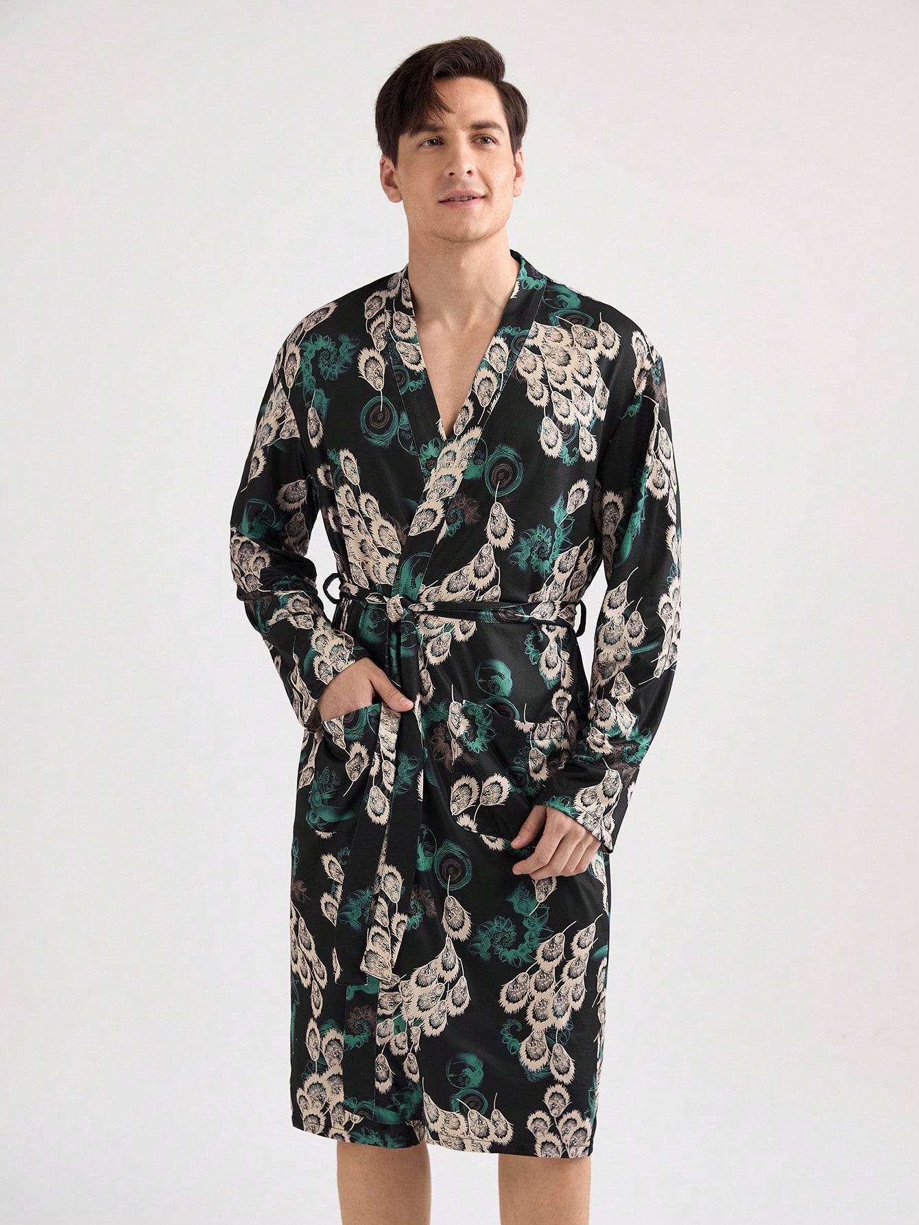 Men's Casual Printed Long Sleeve Robe, Random Design