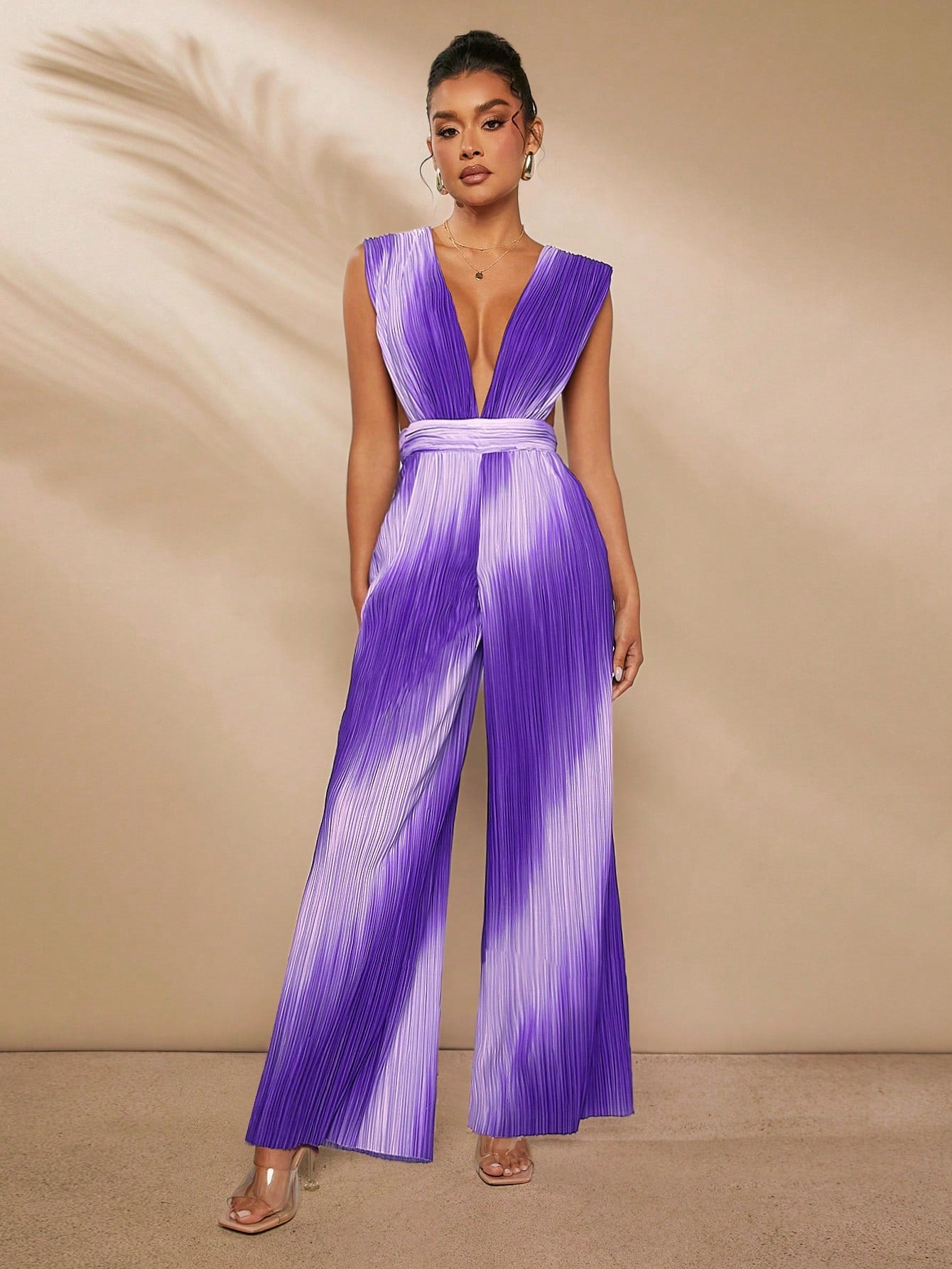 Summer Tie Dye Plisse Deep V Neck Wide Leg Jumpsuit