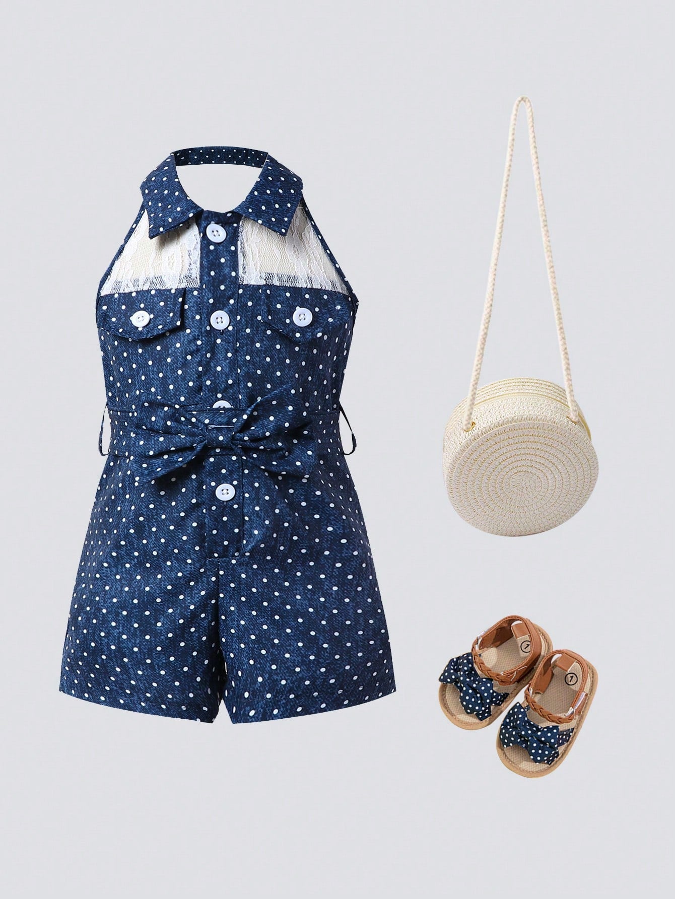 Infant Baby Girls' Fashionable Casual Lace Spliced Denim-Like Fabric Shirt Collar Romper, Summer