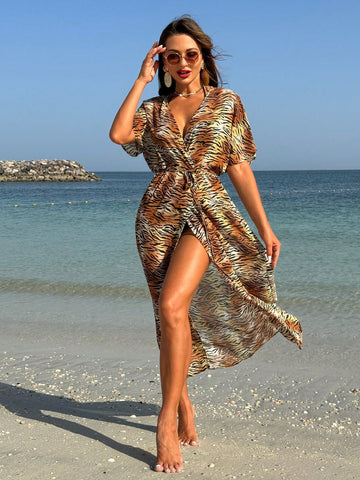 Women's Tiger Printed Short Kimono Cover Up With Detachable Waist Belt, Ideal For Vacation