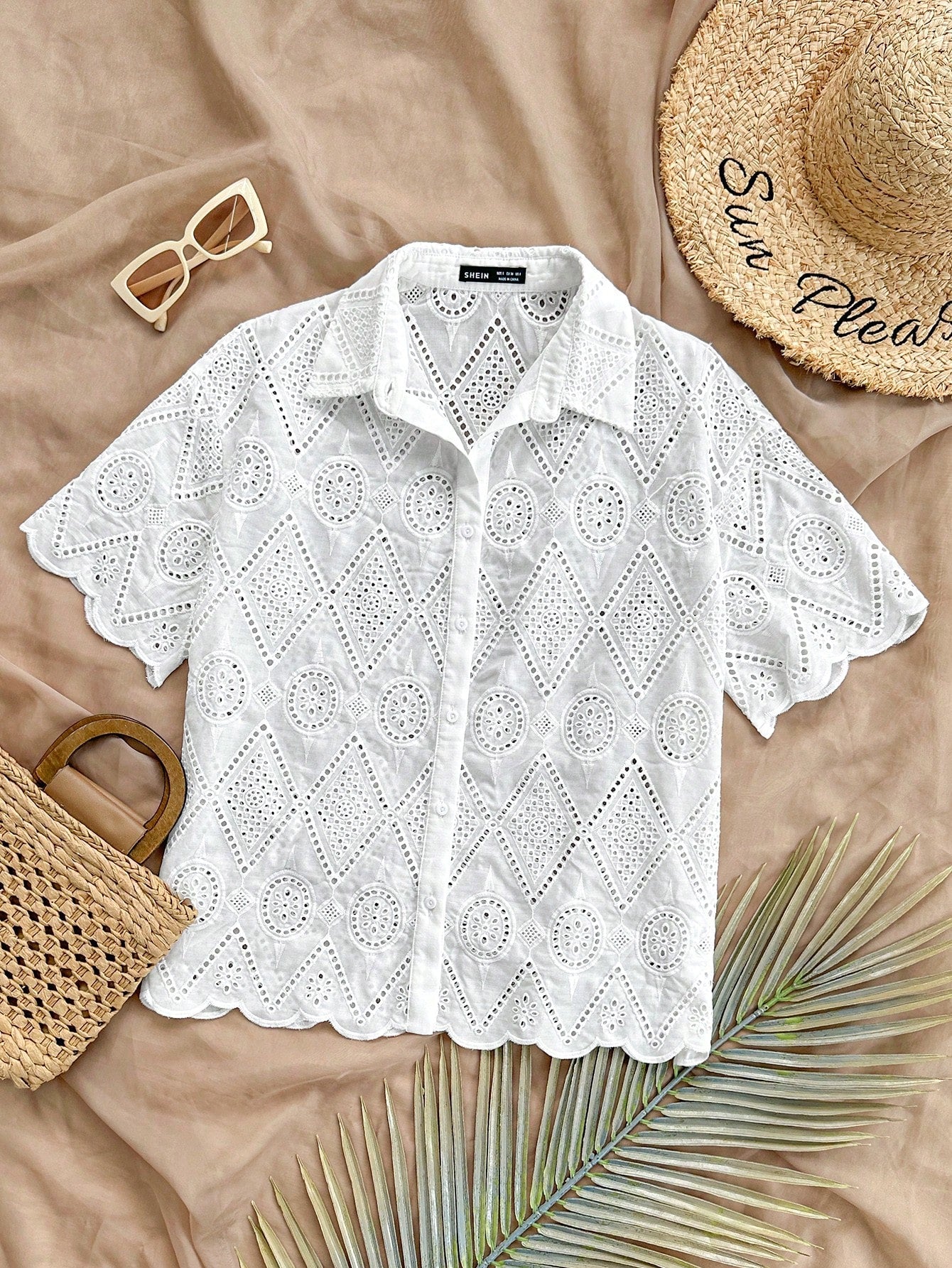 Women's Loose White Shirt With Texture Embroidery And Burnt-Out Flower Pattern, Suitable For Vacation, Beach, Graduation Season, Easter Party, Lunch And Afternoon Tea Outings