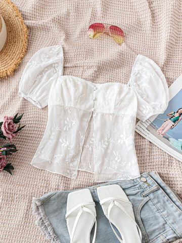 Women's Embroidered White Chiffon Open Button Puff Sleeve Tee, Perfect For Afternoon Tea & Holidays